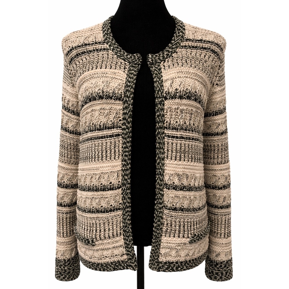 Chico's Womens Open Front Cable Knit Cardigan Size 3 Ivory Black Metallic Cotton